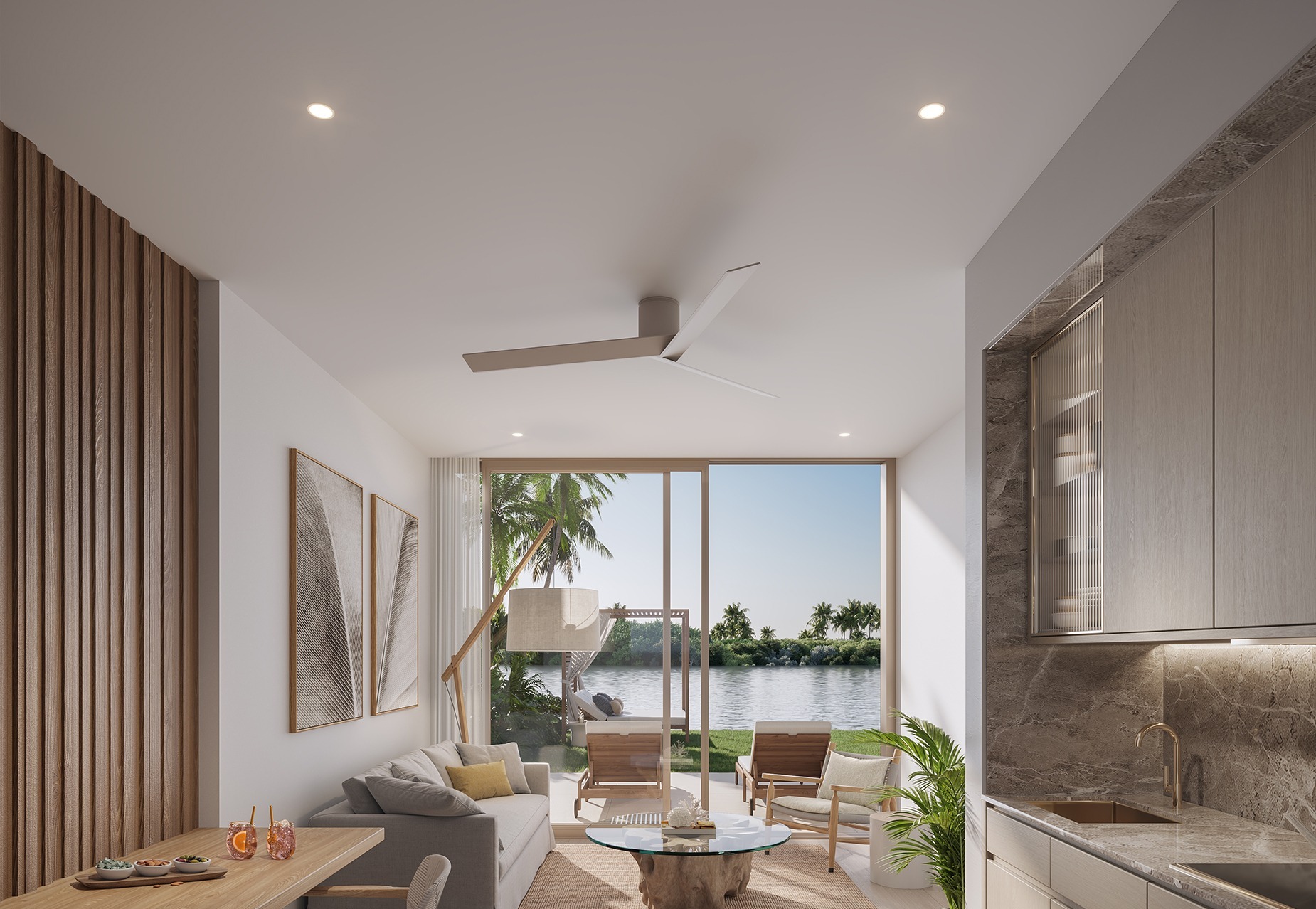 Private luxe cabana suites at Sage Intracoastal Residences — designed by BAMO with natural stone and warm wood, overlooking the Intracoastal.
