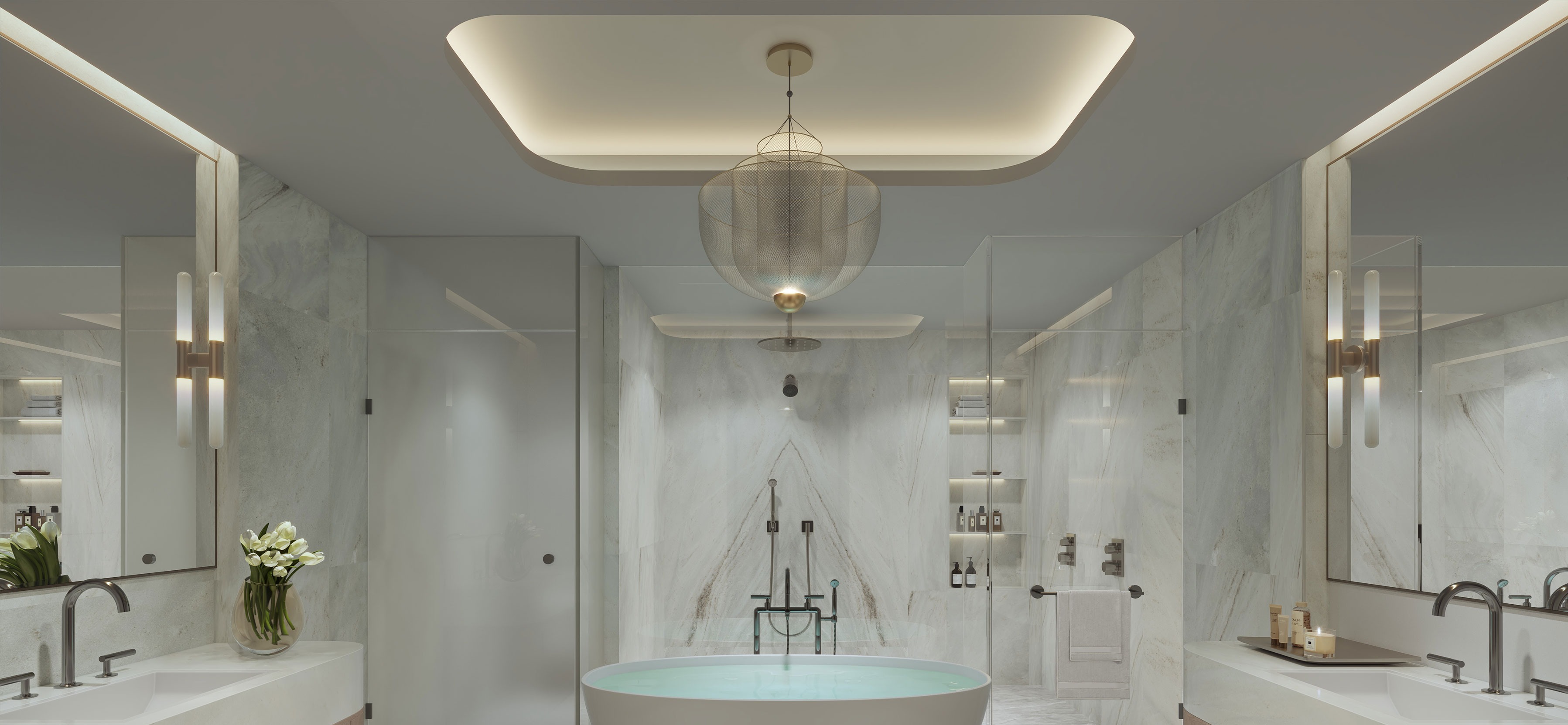 Primary bathroom at Sage Intracoastal Residences. Imported Italian cabinetry, WaterWorks fixtures, oversized frameless glass-enclosed shower, and free-standing soaking tub, designed by BAMO.