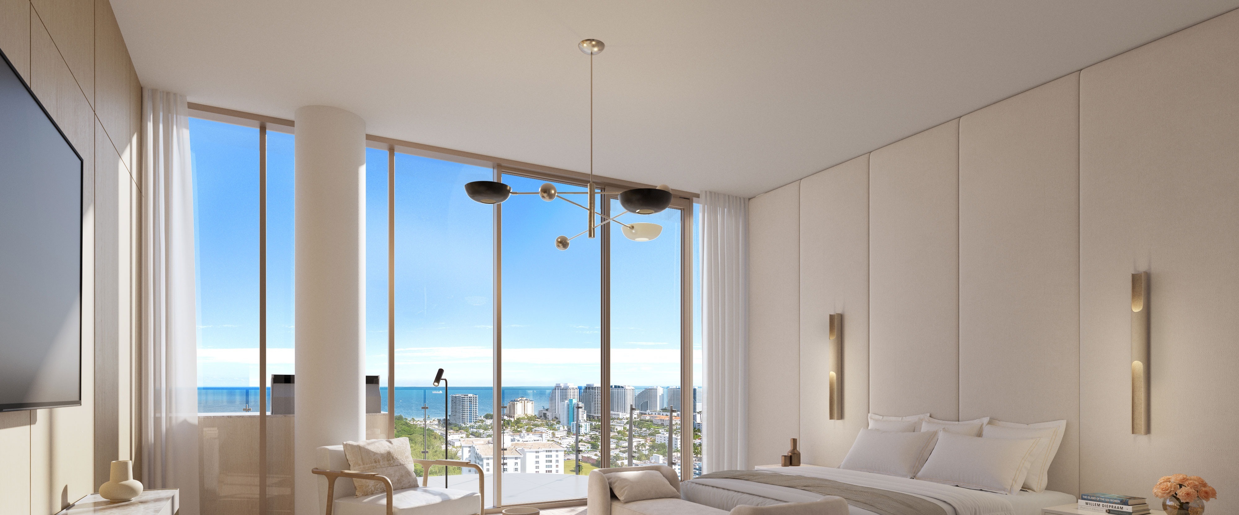 Primary bedroom at Sage Intracoastal Residences. Intracoastal and ocean views, midnight bar, direct terrace access, fully built-out walk-in closet, BAMO interiors.