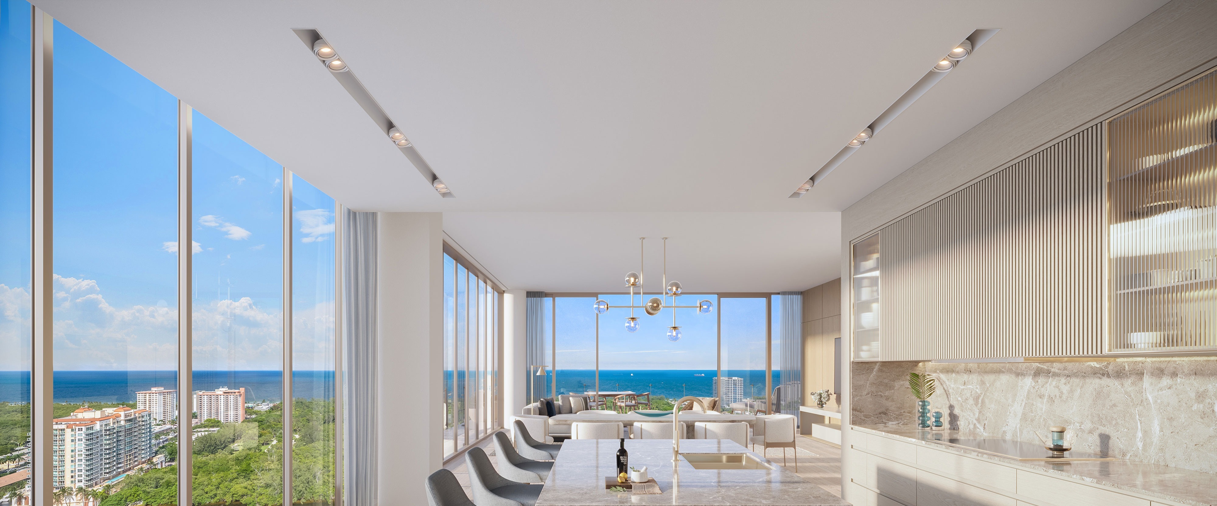 Kitchen at Sage Intracoastal Residences. Custom Italian cabinetry by BAMO, integrated Subzero refrigeration, Wolf cooktop and convection ovens, full wine storage, cantilevered dining counter.